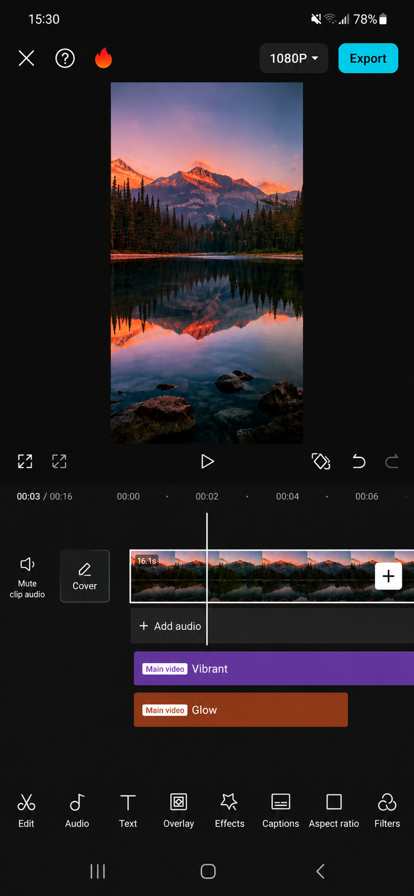 The CapCut Free editor: preview, timeline with clips and effects, and the tool bar